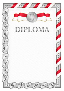 Spor müsabakalarında ikincilik için dikey diploma, Monako bayrağı renginde gümüş renkli kurdele. Vektör resmi.