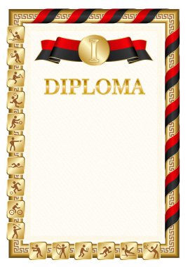 Bir spor yarışmasında birincilik için dikey diploma, Karadağ bayrağı renginde bir kurdele ile altın rengi. Vektör resmi.