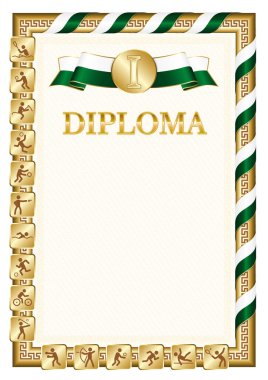 Bir spor müsabakasında birincilik için dikey diploma, Pakistan bayrağı renginde bir kurdele ile altın rengi. Vektör resmi.