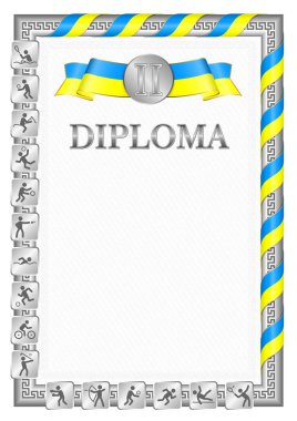 Spor müsabakalarında ikincilik için dikey diploma, Palau bayrağı renginde kurdele ile gümüş rengi. Vektör resmi.