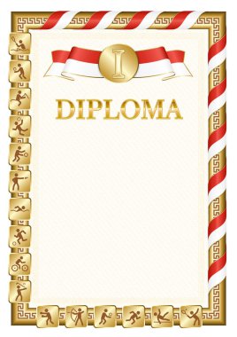 Bir spor müsabakasında birincilik için dikey diploma, İsviçre bayrağı renginde bir kurdele ile altın rengi. Vektör resmi.