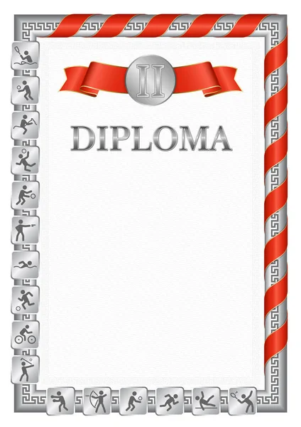 Vertikální Diplom Pro Druhé Místo Sportovní Soutěži Stříbrná Barva Stuhou — Stockový vektor
