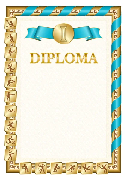 Bir spor müsabakasında birincilik için dikey diploma, Kazakistan bayrağı renginde bir kurdele ile altın rengi. Vektör resmi.
