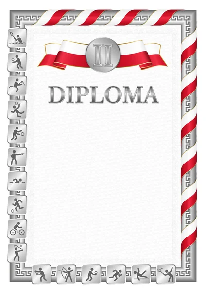 在体育竞赛中获得亚军的垂直毕业证书 银色带上巴林国旗的颜色 矢量图像 — 图库矢量图片