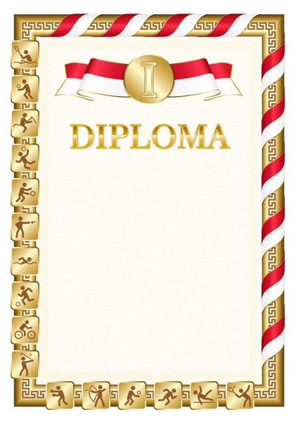 获得体育竞赛第一名的垂直毕业证书 金黄色的缎带上有摩纳哥国旗的颜色 矢量图像 — 图库矢量图片