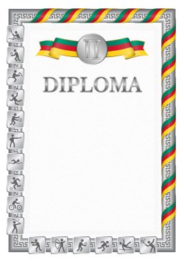 Spor müsabakalarında ikincilik için dikey diploma, Kamerun bayrağı renginde gümüş bir kurdele. Vektör resmi.