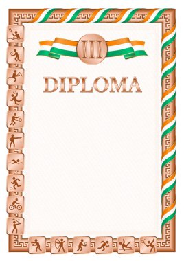 Bir spor müsabakasında üçüncülük için dikey diploma, Fildişi Sahili bayrağı renginde bir kurdele ile bronz renk. Vektör resmi.