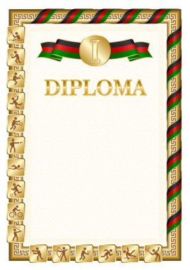 Bir spor müsabakasında birincilik için dikey diploma, Kenya bayrağı renginde bir kurdele ile altın rengi. Vektör resmi.