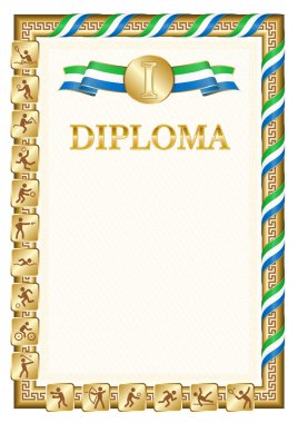 Bir spor müsabakasında birincilik için dikey diploma, Sierra Leone bayrağı renginde altın bir kurdele. Vektör resmi.