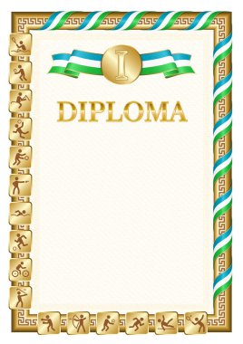 Bir spor müsabakasında birincilik için dikey diploma, Özbekistan bayrağı renginde bir kurdele ile altın rengi. Vektör resmi.