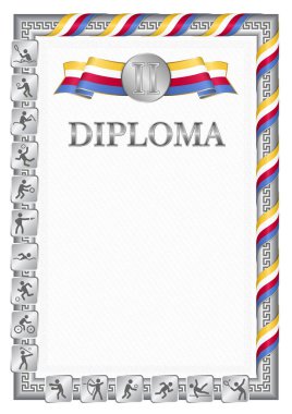 Spor müsabakalarında ikincilik için dikey diploma, Komoros bayrağı renginde gümüş renkli kurdele. Vektör resmi.