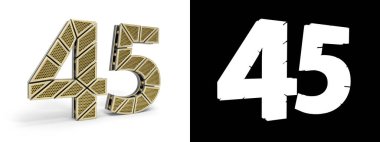 Altın numara 45 (numara 45), alfa kanalı ve beyaz arkaplanda gölgesi olan delikli altın bölümlere bölündü. 3B illüstrasyon