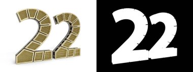 Altın numara 22 (numara 22), alfa kanalı ve beyaz arkaplanda gölgesi olan delikli altın bölümlere bölündü. 3B illüstrasyon