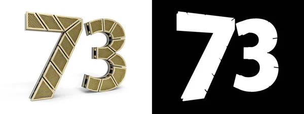 七十三号黄金 编号73 被切割成具有 通道和白色背景阴影的穿孔黄金段 3D插图 — 图库照片