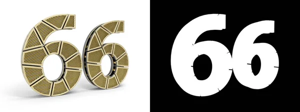 金の番号は66番 66番 白い背景にアルファチャンネルと影を持つ金のセグメントに切断された 3Dイラスト — ストック写真