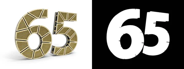 黄金65号 编号65 被切割成穿孔的黄金段 通道和白色背景的阴影 3D插图 — 图库照片