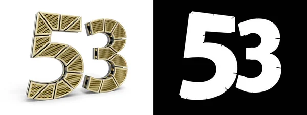 金番号53 数字53 アルファチャンネルと白の背景に影を持つ実行された金セグメントにカットされます 3Dイラスト — ストック写真