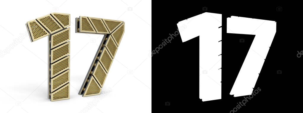 Gold number seventeen (number 17) cut into perforated gold segments with alpha channel and shadow on white background. 3D illustration