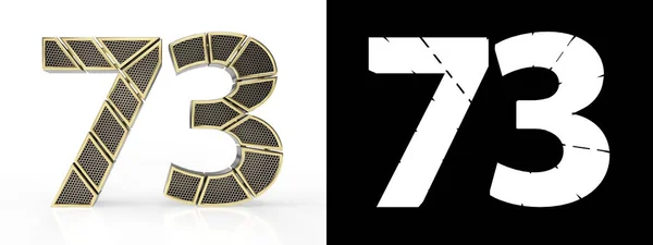 七十三号黄金 编号73 被切割成具有 通道和白色背景阴影的穿孔黄金段 前面的景色3D插图 — 图库照片