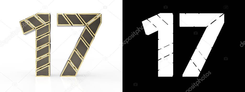 Gold number seventeen (number 17) cut into perforated gold segments with alpha channel and shadow on white background. Front view. 3D illustration