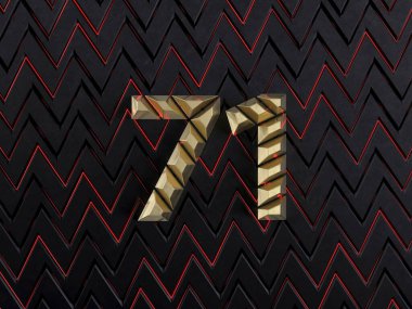 Koyu arkaplandaki altın külçelerden yapılmış 71 numara ve kırmızı neon çizgiler parıldıyor. Ön manzara. 3B illüstrasyon