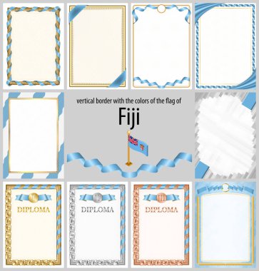 Fiji bayrağı renginde dikey çerçeve ve kenarlar sertifikanız ve diplomanız için unsurları şablonlayın. Vektör.