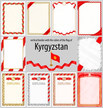 Kırgızistan bayrağı renginde dikey çerçeve ve kenarlar sertifikanız ve diplomanız için şablon unsurları. Vektör. Tarihi bayrak