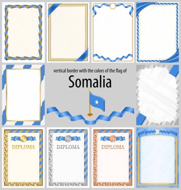 Somali bayrağı renklerinde dikey çerçeve ve kenarlar sertifikanız ve diplomanız için şablon unsurlar. Vektör.