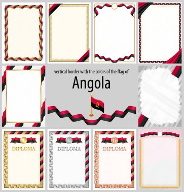 Angola bayrağı renklerinde dikey çerçeve ve kenarlar sertifikanız ve diplomanız için şablon unsurları. Vektör.