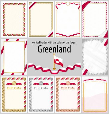 Grönland bayrağı renklerinde dikey çerçeve ve kenarlar sertifikanız ve diplomanız için şablon unsurları. Vektör.