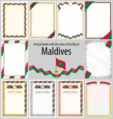 Maldivler bayrağı renginde dikey çerçeve ve kenarlıklar sertifikanız ve diplomanız için şablon elemanları. Vektör.