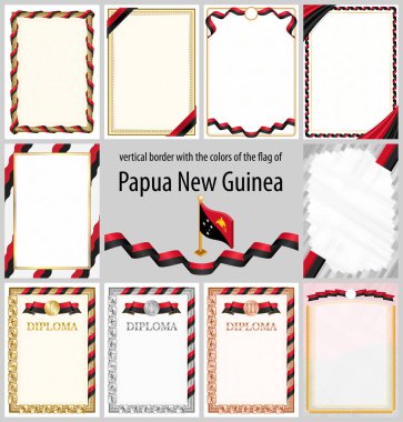 Papua Yeni Gine bayrağının renginde dikey çerçeveler ve sınırlar sertifikanız ve diplomanız için şablon unsurları. Vektör.