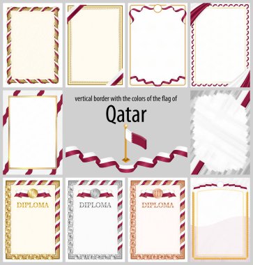 Katar bayrağı renginde dikey çerçeve ve kenarlar seti, sertifika ve diploma için şablon elemanları. Vektör.