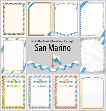 San Marino bayrağı renginde dikey çerçeve ve kenarlar sertifikanız ve diplomanız için şablon unsurlar. Vektör.