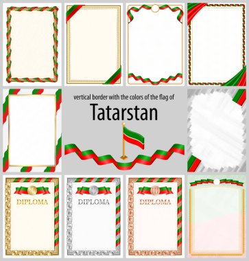 Tataristan bayrağı renginde dikey çerçeve ve kenarlar seti, sertifika ve diploma için şablon elemanları. Vektör.