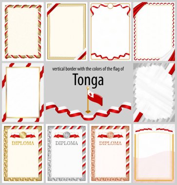 Tonga bayrağı renginde dikey çerçeve ve kenarlar sertifikanız ve diplomanız için şablon elemanları. Vektör.