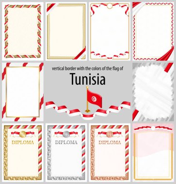 Tunus bayrağı renklerinde dikey çerçeve ve kenarlar sertifikanız ve diplomanız için şablon unsurları. Vektör.