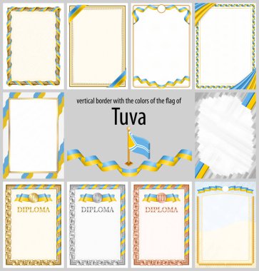 Tuva bayrağı renginde dikey çerçeve ve kenarlar sertifikanız ve diplomanız için şablon elementler. Vektör.