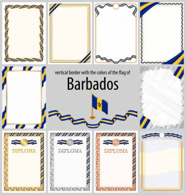 Barbados bayrağı renginde dikey çerçeve ve kenarlıklar sertifikanız ve diplomanız için şablon elemanları. Vektör.