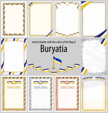 Buryatia bayrağı renginde dikey çerçeve ve kenarlar sertifikanız ve diplomanız için şablon elemanları. Vektör.