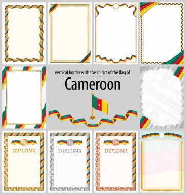 Kamerun bayrağı renginde dikey çerçeveler ve sınırlar sertifikanız ve diplomanız için şablon elemanları. Vektör.
