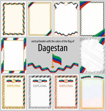 Dağıstan bayrağı renklerinde dikey çerçeveler ve sınırlar sertifikanız ve diplomanız için şablon unsurları. Vektör.