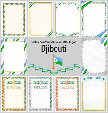 Cibuti bayrağı renginde dikey çerçeveler ve sınırlar, sertifika ve diploma için şablon elemanları. Vektör.