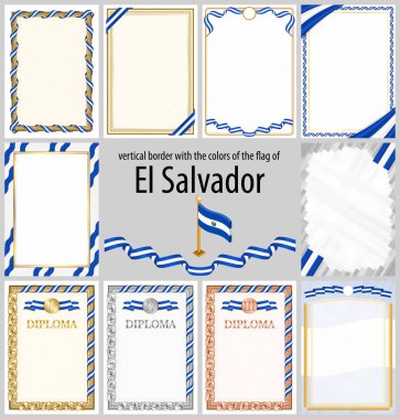 El Salvador bayrağı renginde dikey çerçeveler ve sınırlar sertifikanız ve diplomanız için şablon unsurlar. Vektör.