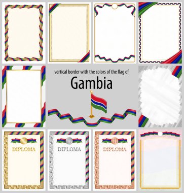 Gambiya bayrağı renklerinde dikey çerçeve ve kenarlar sertifikanız ve diplomanız için şablon elemanları. Vektör.