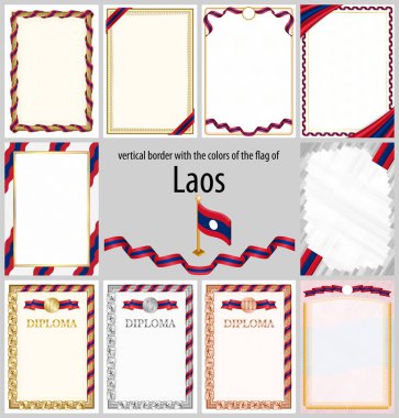 Laos bayrağı renklerinde dikey çerçeveler ve sınırlar sertifikanız ve diplomanız için şablon elemanları. Vektör.