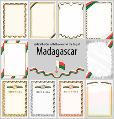Madagaskar bayrağı renginde dikey çerçeveler ve sınırlar sertifikanız ve diplomanız için şablon elementler. Vektör.