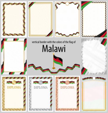 Malawi bayrağı renginde dikey çerçeveler ve sınırlar sertifikanız ve diplomanız için şablon elemanları. Vektör.