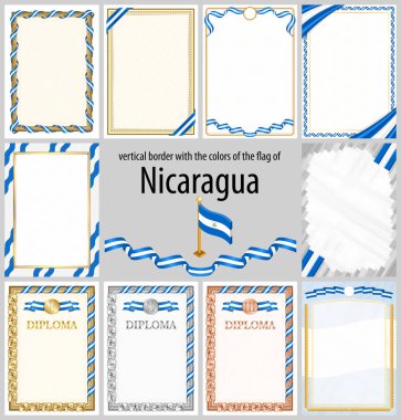 Nikaragua bayrağı renklerinde dikey çerçeveler ve sınırlar sertifikanız ve diplomanız için şablon elemanları. Vektör.