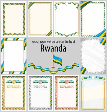Ruanda bayrağı renginde dikey çerçeve ve kenarlar sertifikanız ve diplomanız için şablon unsurları. Vektör.